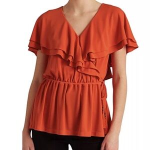 Ralph Lauren Women's Ruffle-Trim Surplice Jersey Top M Tangerine orange